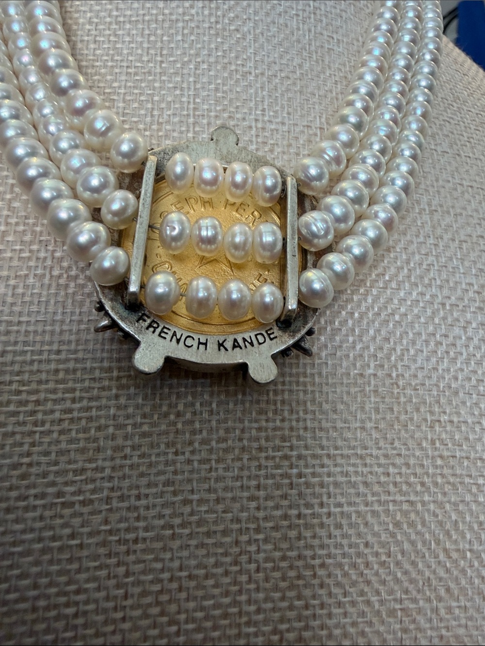 Triple-Strand White Pearl Necklace with Gold Medallion Accent - Picture 3 of 3